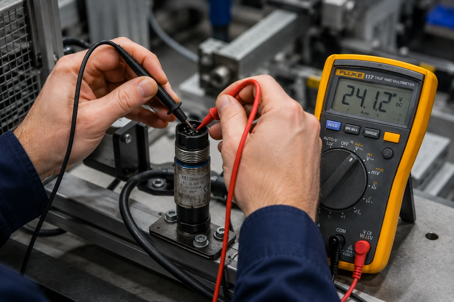 Technician using a digital multimeter to test PNP or NPN output of an industrial photoelectric sensor